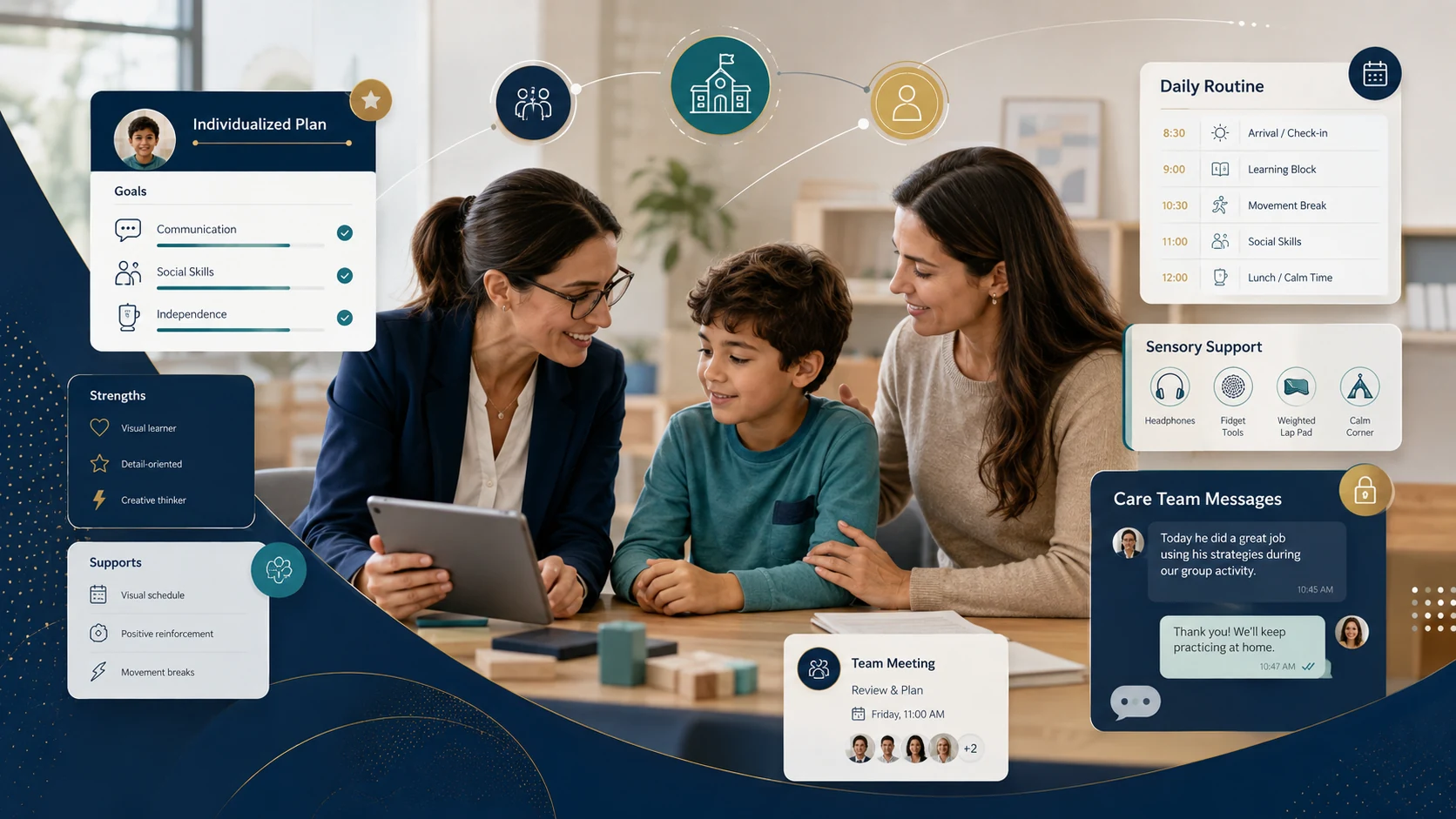 Un enfant, un proche et une professionnelle collaborent autour d'une tablette avec des interfaces de suivi illustratives.