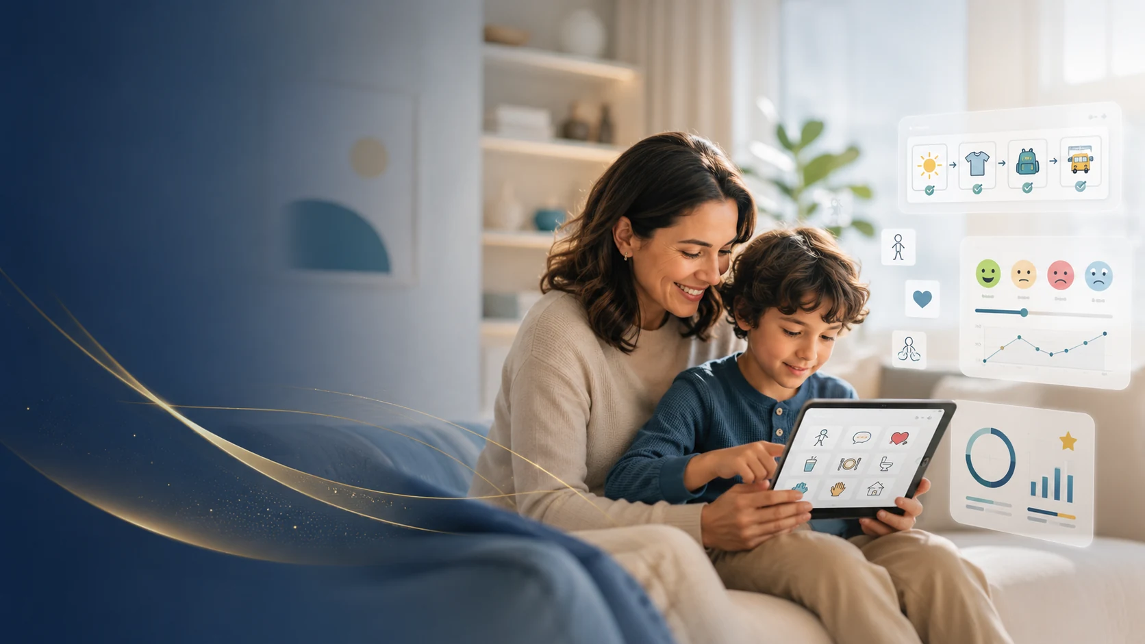 Un proche et un enfant utilisent ensemble une tablette de communication.